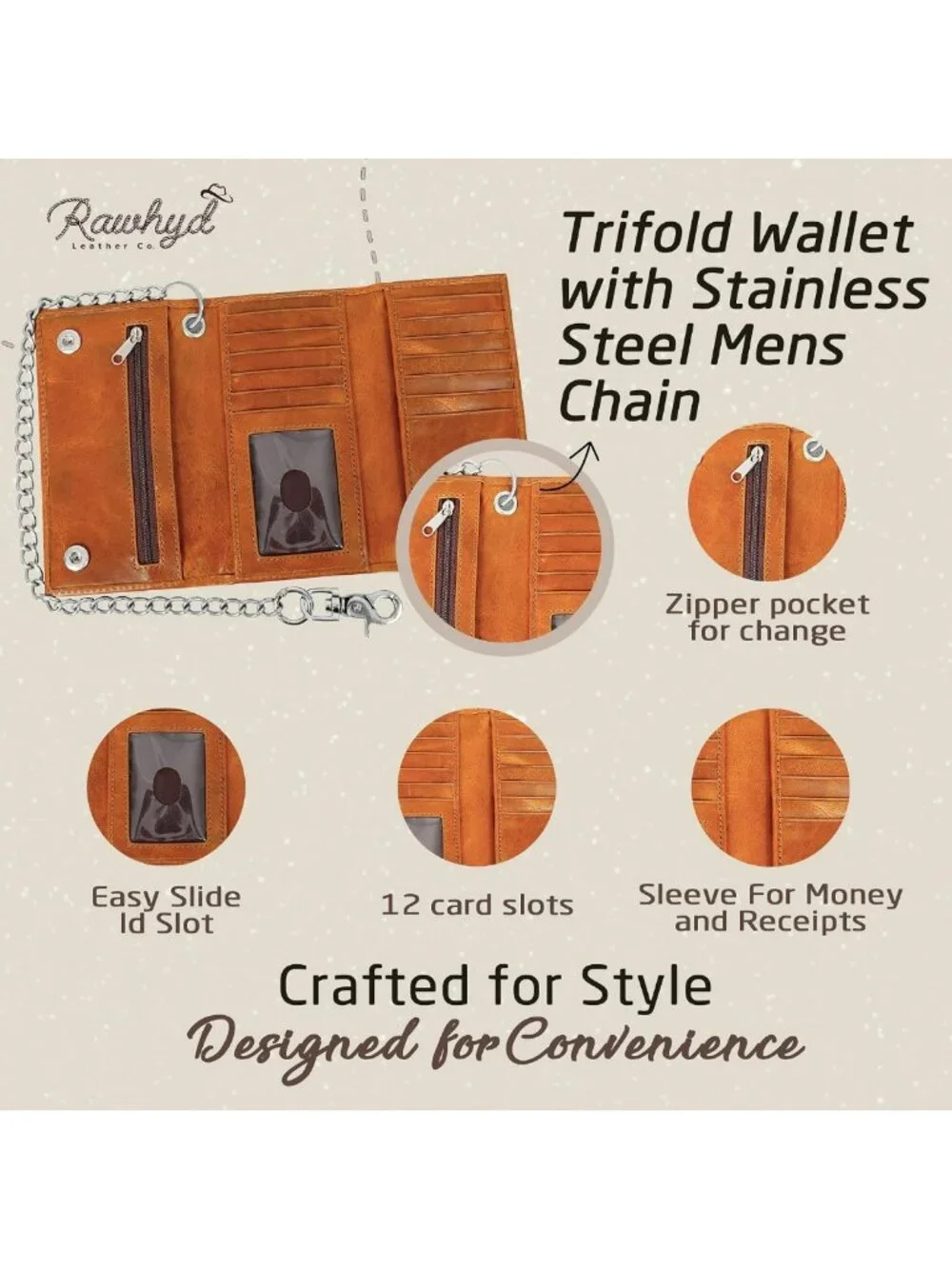 Men's Full Grain Leather Biker Wallet with Chain, Zipper Pocket & Card Slots